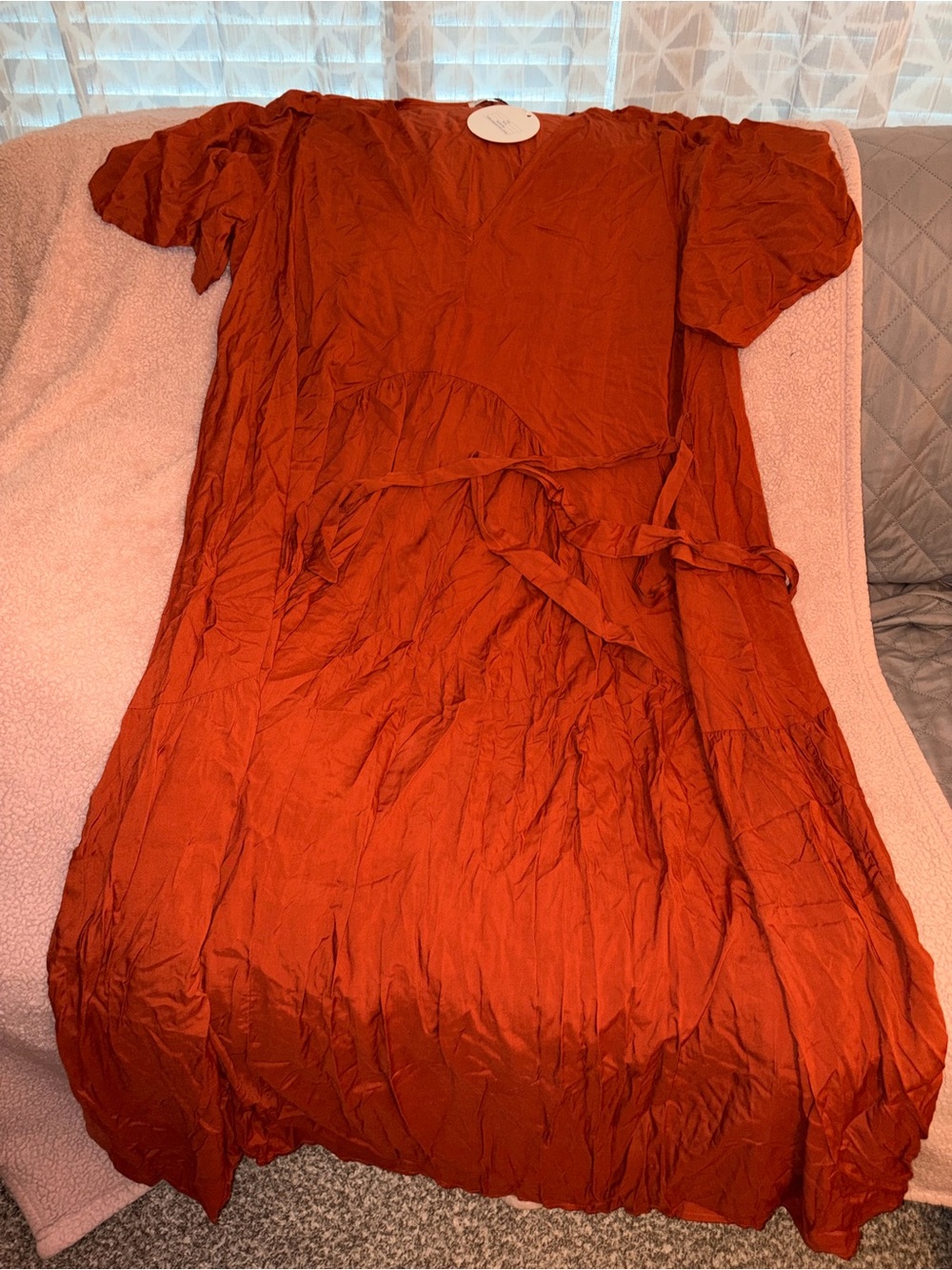 Short-Sleeve Wrap Midi Dress in Rust
